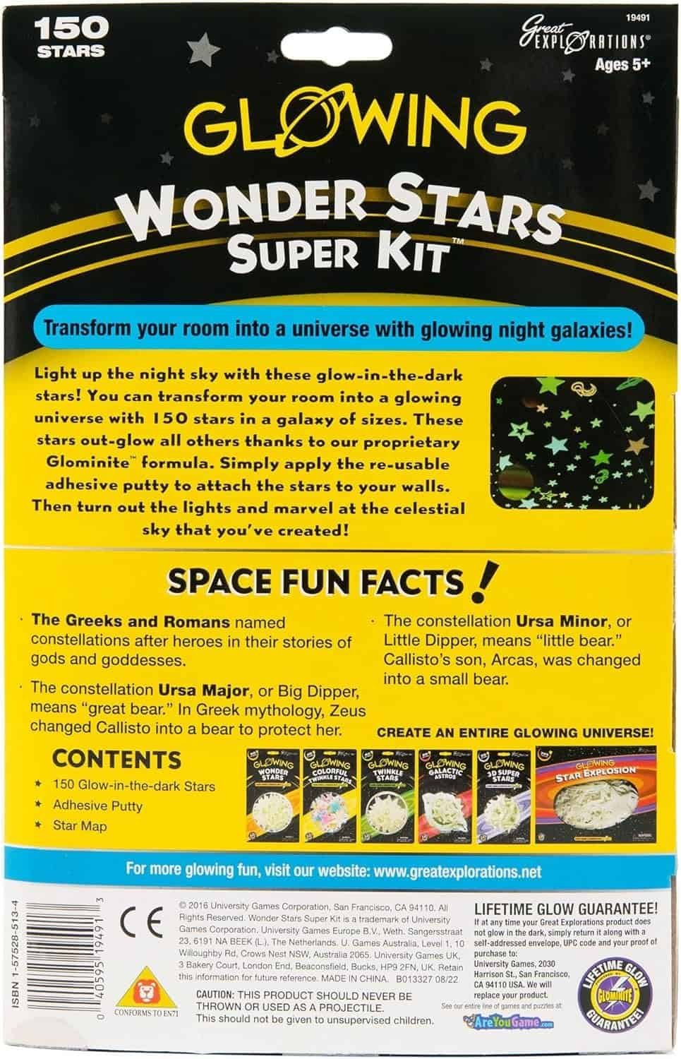 Front of a "Glowing Wonder Stars Super Kit" package showing product details, educational facts about constellations, contents, and a colorful space-themed design.