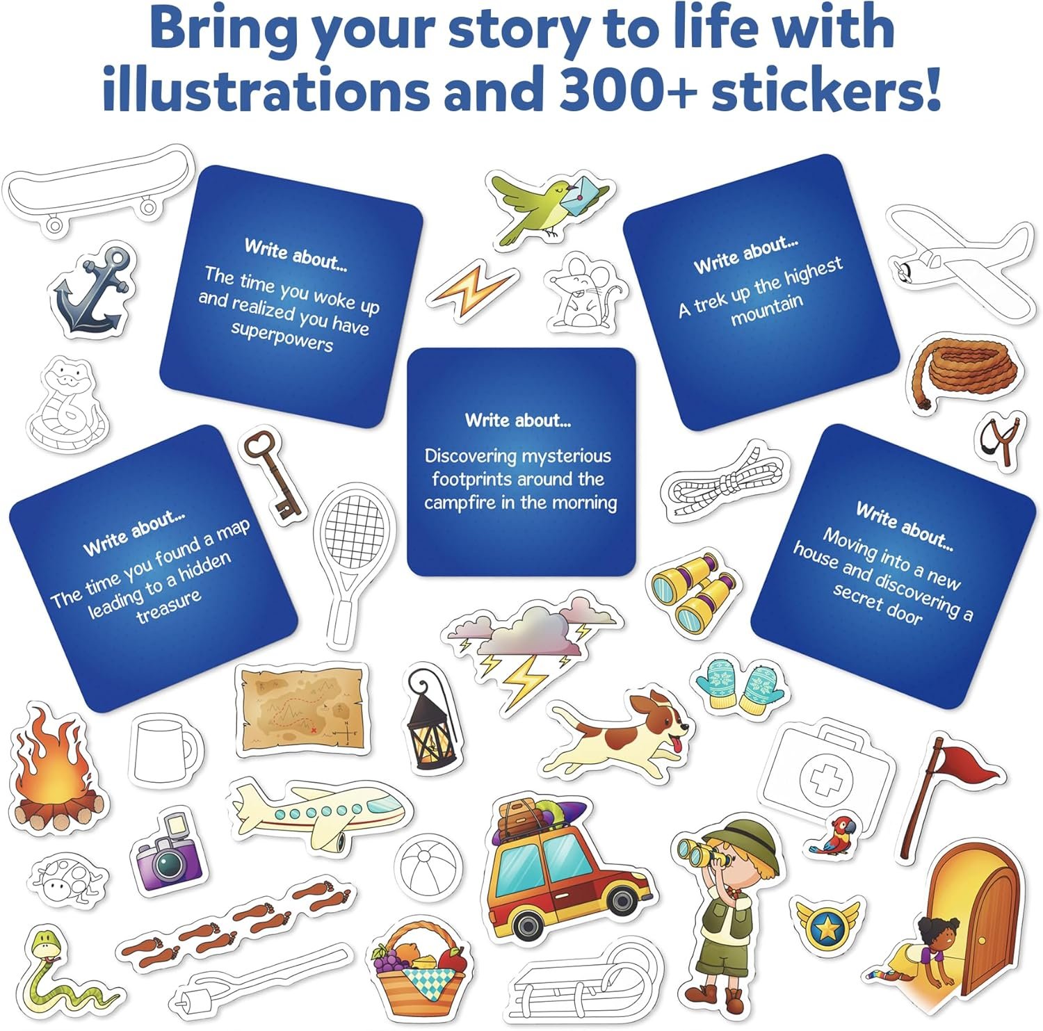 A set of blue story prompt cards and over 30 illustrated adventure-themed stickers, including a map, mountain, dog, car, and explorer. Text encourages using stickers to tell stories.