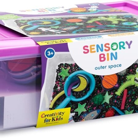 A plastic bin labeled "Sensory Bin Outer Space" contains assorted space-themed sensory toys and tools for children aged 3 and up.