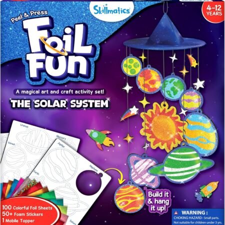 A children's solar system art kit with foil sheets, foam stickers, and a mobile topper; designed for ages 4-12 to create a hanging solar system display.