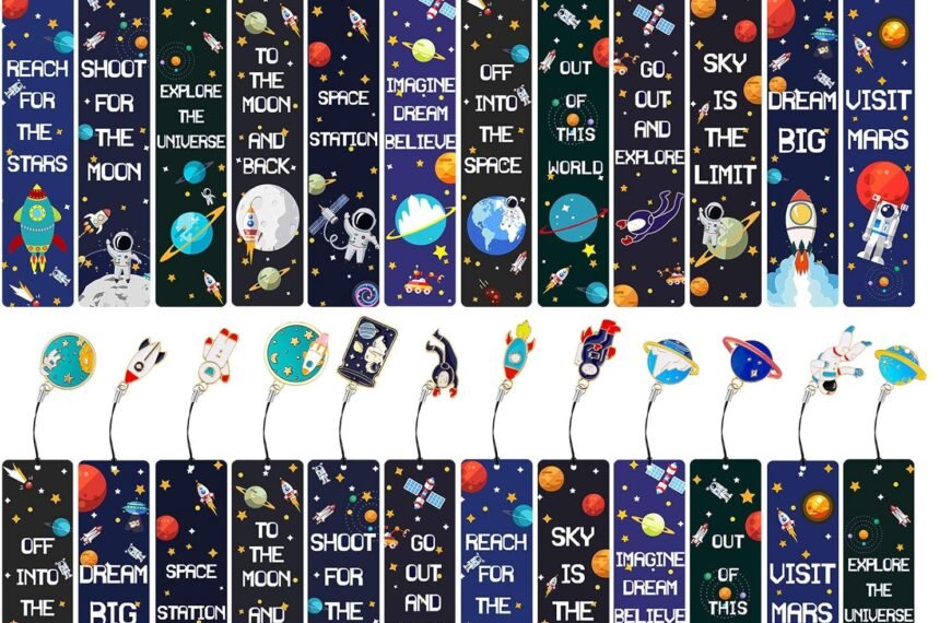 A set of colorful bookmarks featuring space-themed illustrations, motivational phrases, and attached astronaut or rocket charms at the top of each bookmark.