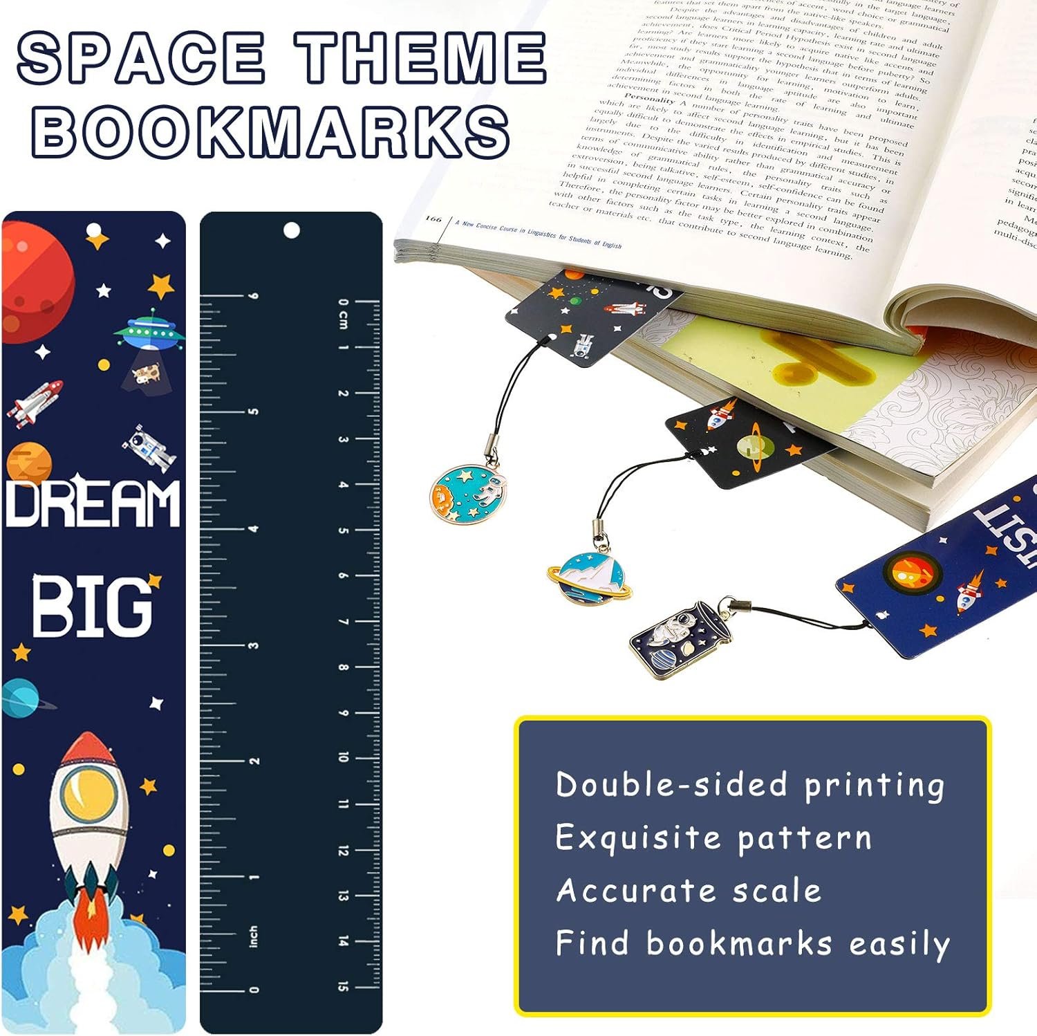 Space Theme Bookmarks with Metal Charms Planet Rocket Space Ship Theme Bookmarks Inspirational Quotes Cards for Party Favors Gifts Encourage(24 Pieces)