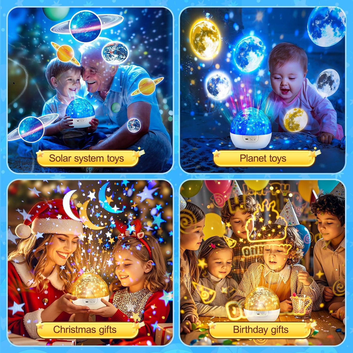 Four images show children and adults interacting with glowing planet-themed toys, labeled as solar system toys, planet toys, Christmas gifts, and birthday gifts.