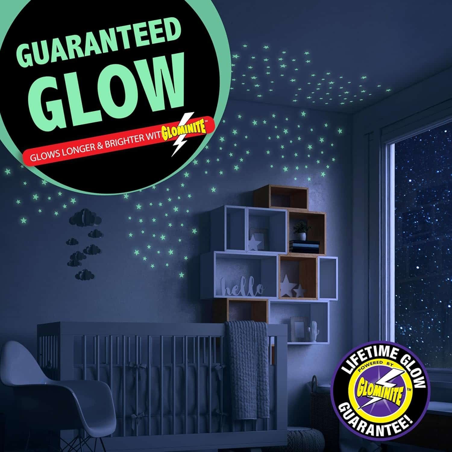 A nursery with glow-in-the-dark stars and dots on the wall and ceiling, promoting a "Guaranteed Glow" with a "Lifetime Glow Guarantee" badge in the image.