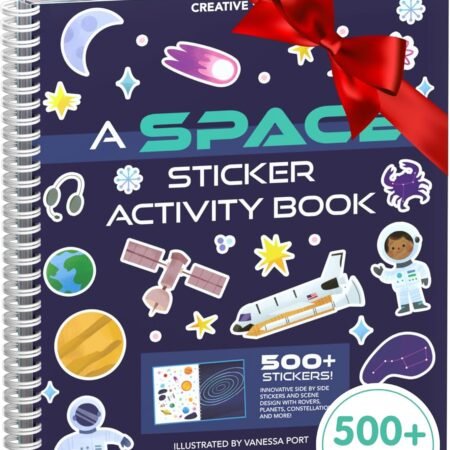 A spiral-bound space-themed sticker activity book with a red ribbon, decorated with space-related stickers and labeled "500+ stickers" on the cover.
