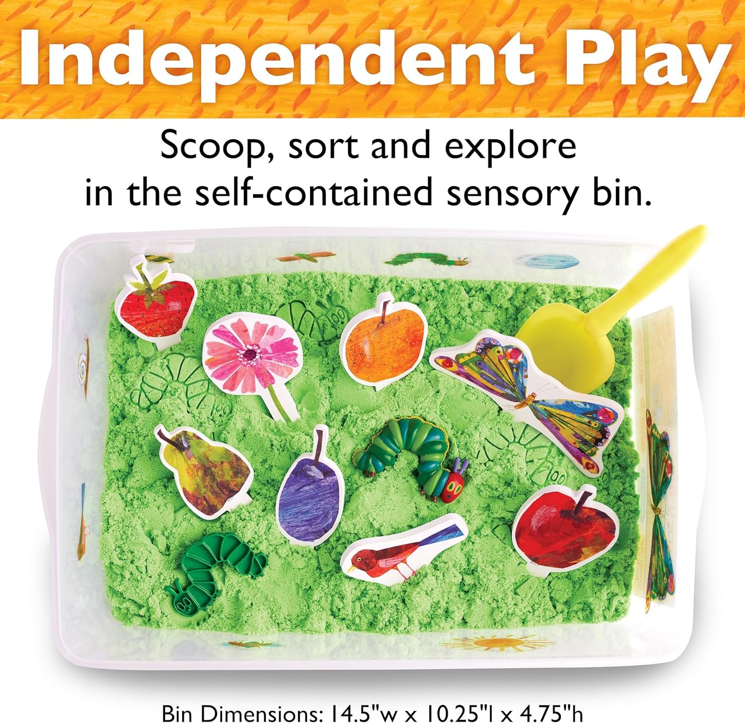 A sensory bin filled with green sand, a yellow scoop, and various illustrated fruit and insect cutouts, with text promoting independent play.