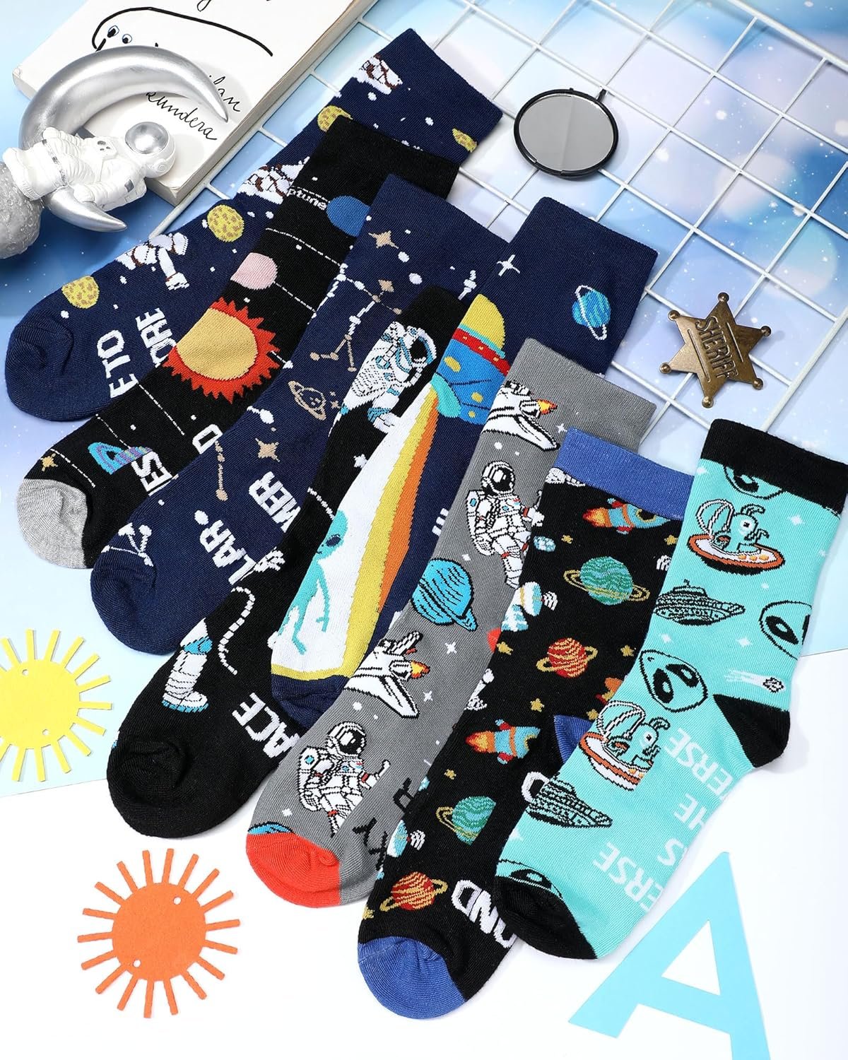 8 Pairs Funny Space Socks for Men Novelty Star Galaxy Crew Socks Space Astronaut Alien Lover Gifts Birthday Holiday National Aviation Day Gifts