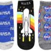 Five pairs of NASA-themed ankle socks, each with different space-related designs and logos, displayed side by side.