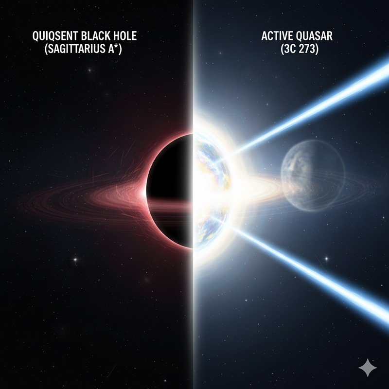 Illustration comparing the Milky Way’s quiescent black hole, Sagittarius A*, on the left and an active quasar (3C 273) with bright jets on the right, each labeled for clarity.
