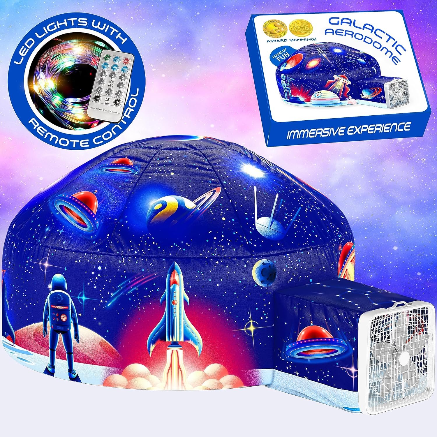 W&O Galactic Aerodome with LED Lights - Inflatable Space Fort for Kids Aged 3-12, Inflates in Seconds, Creating an Immersive Galactic Experience (Fan Not Included)