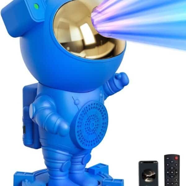 Stocking Stuffers for Kids Teens Boys - Astronaut Galaxy Moon Star Projector is a blue space LED night light for bedroom ceilings with a gold visor, perfect as a Christmas gift for boys ages 1-9 or 10-15. Includes remotes and fits next to a smartphone.