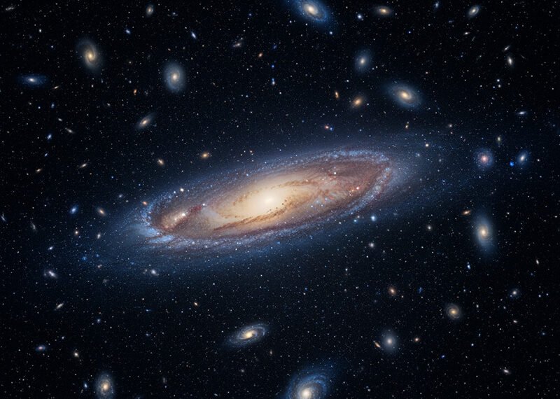 A spiral galaxy with a bright core and dust lanes, reminiscent of the Milky Way, set against a dark background filled with numerous distant galaxies and stars.