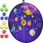 The BooTaa 29" Large Dart Board for Kids features sticky balls, numbered rings, and a vibrant solar system design—perfect boys or girls birthday gifts and fun for indoor or outdoor party games.