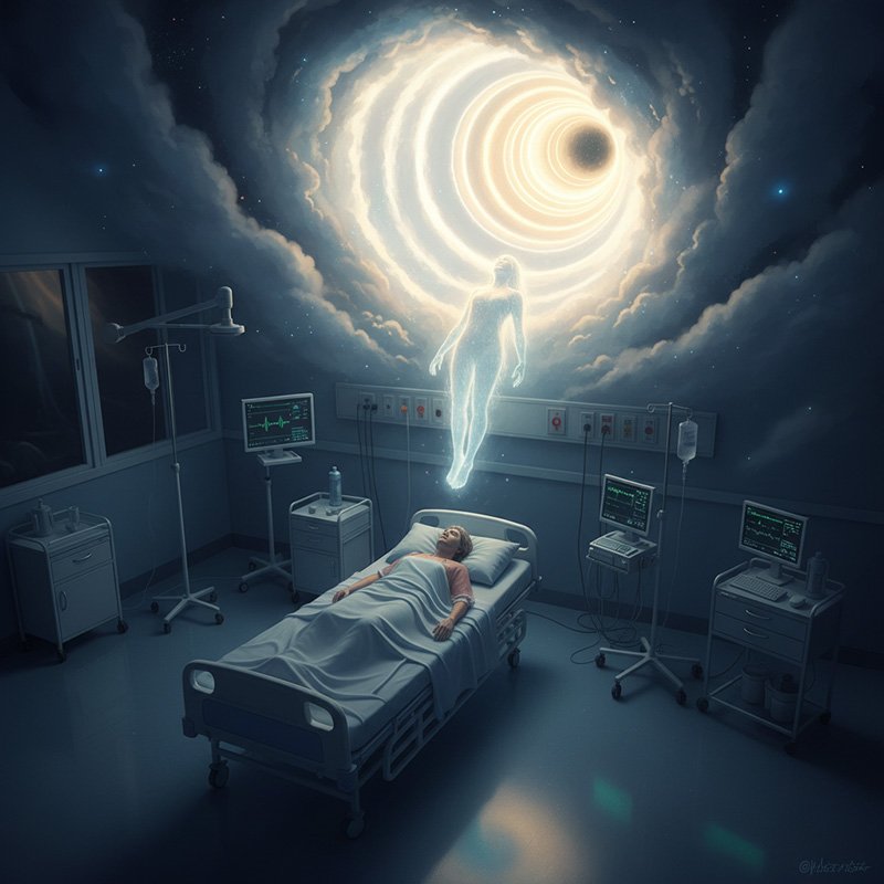 A patient lies in a hospital bed while a glowing, translucent soul rises upward toward a swirling light in the sky, suggesting an out-of-body or near-death experience.