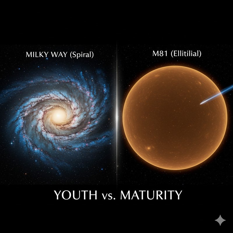 Side-by-side comparison of the Milky Way (spiral galaxy) and M81, labeled "YOUTH vs. MATURITY," highlights the evolving nature of galaxies like our own Milky Way.