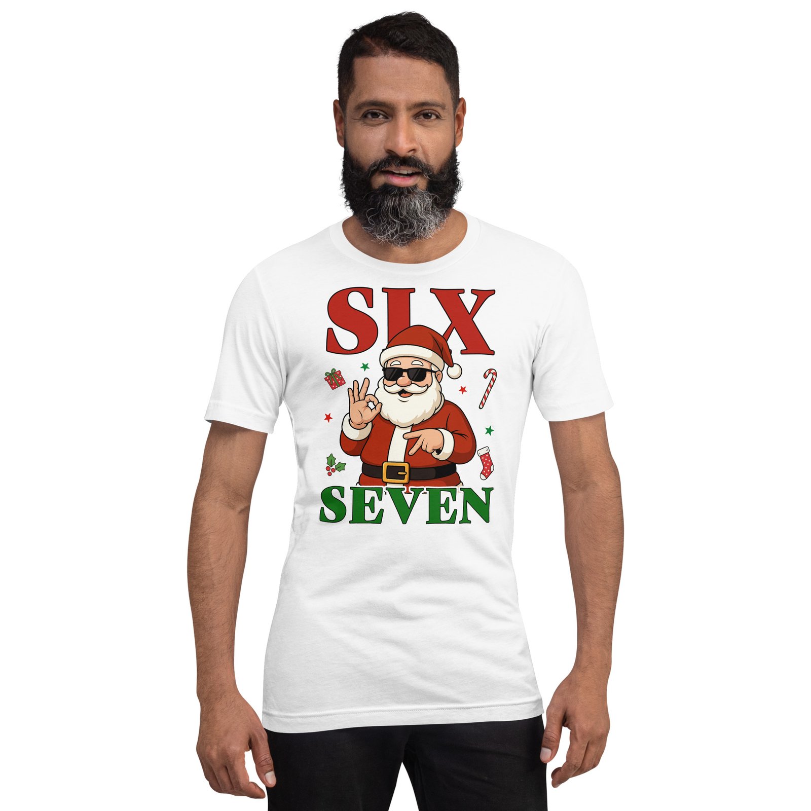 Man wearing the Funny Six Seven 6-7 Unisex t-shirt with a cartoon Santa showing six fingers, Christmas icons, and "SIX SEVEN" in red and green—a festive, humorous shirt ideal for the holiday season.