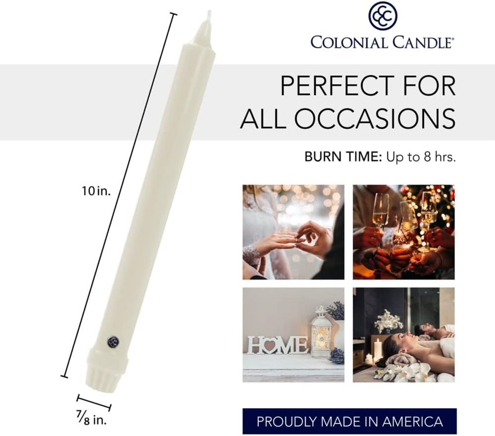 Tall ivory taper candle, 10 inches by 7/8 inch, with burn time up to 8 hours; shown in various decorative and dining settings; made in America.
