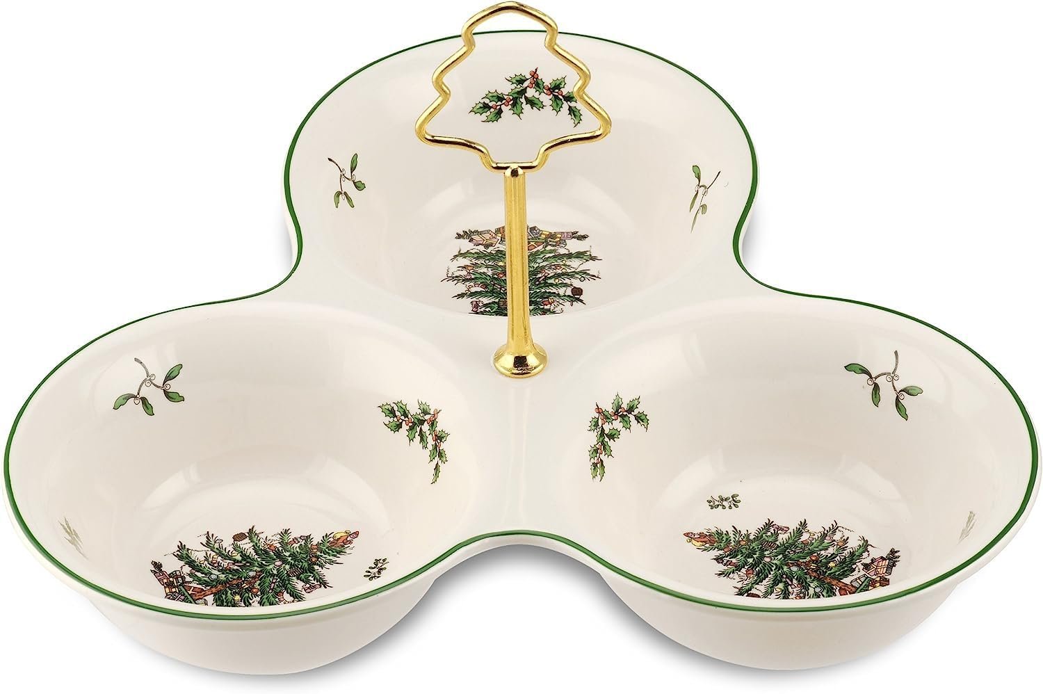Spode Christmas Tree 3 Section Server with Tree Handle - Divided Serving Tray for Nuts, Candies, Condiments, Holiday Treats - Festive Earthenware Tableware for Seasonal Entertaining & Hosting