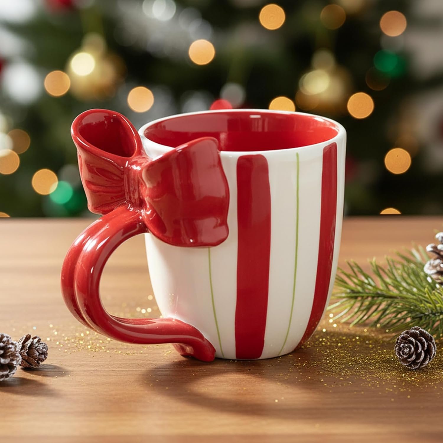 Christmas Mugs Ceramic Cute Bow Shape Coffee Mug with Handle Unique Holiday Hot Cocoa Cup Perfect for Tea & Coffee Lovers, Gifts for Family or Children, Dishwasher Safe(13 OZ)