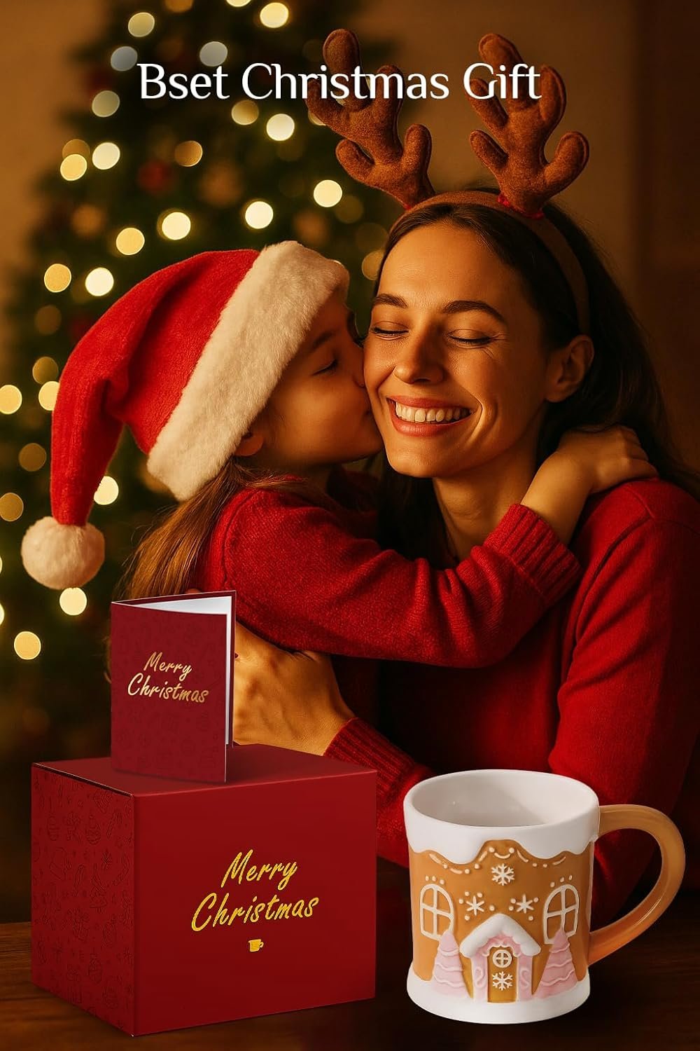 A child in a Santa hat kisses a smiling woman wearing reindeer antlers. In the foreground are a Merry Christmas gift box, card, and a gingerbread-themed mug. Text reads "Bset Christmas Gift.