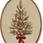 An illustration of a Christmas tree decorated with white lights and a red bow at the base, displayed in an oval frame with a brass hanger.