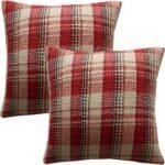 Two square pillows with a red, white, and gray plaid pattern, displayed against a plain background.