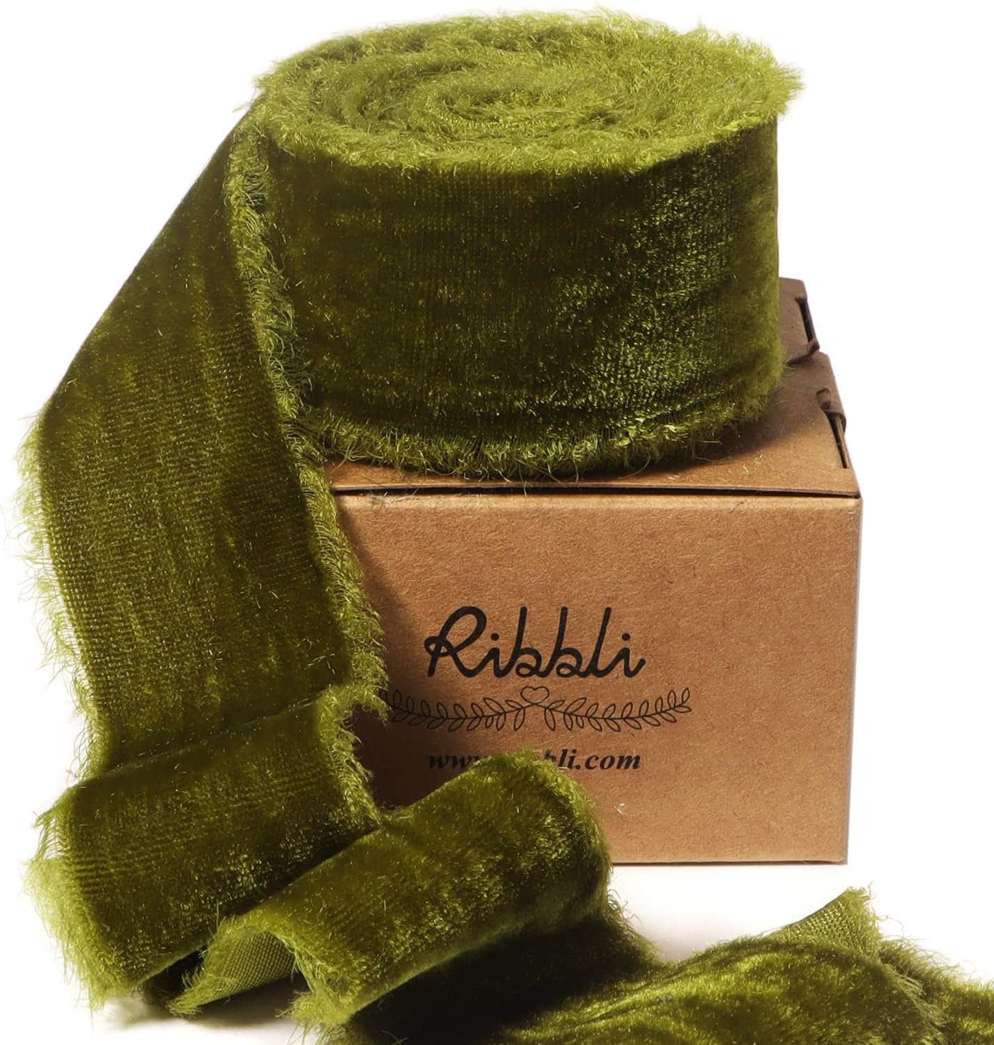 Ribbli Moss Green Velvet Ribbon 1.5 Inch Handmade Frayed Vintage Christmas Ribbon for Gift Wrapping Christmas Tree Ornament Wreath Craft Home Decor -3 Yards