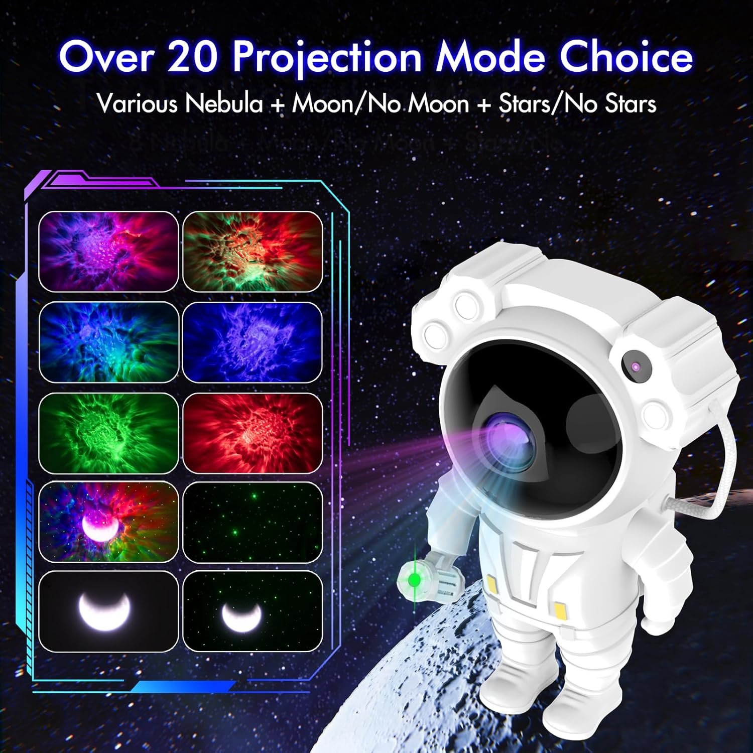 A white astronaut projector stands on a moon-like surface, displaying nine nebula and moon projection mode options in a panel on the left. Text above describes over 20 projection mode choices.