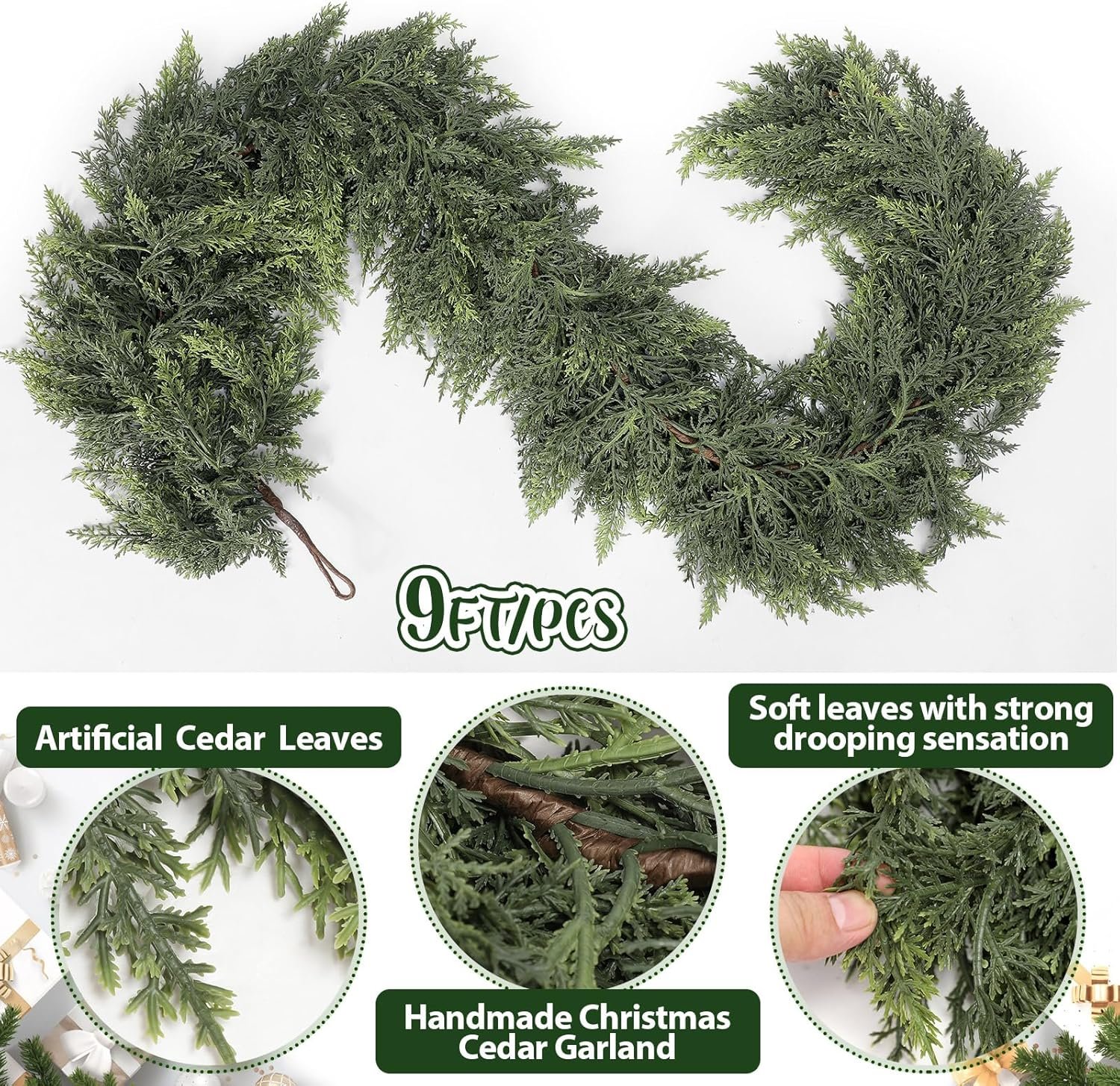 A 9-foot artificial cedar garland with soft, realistic green leaves is shown, highlighting its handmade quality and natural appearance in close-up images.