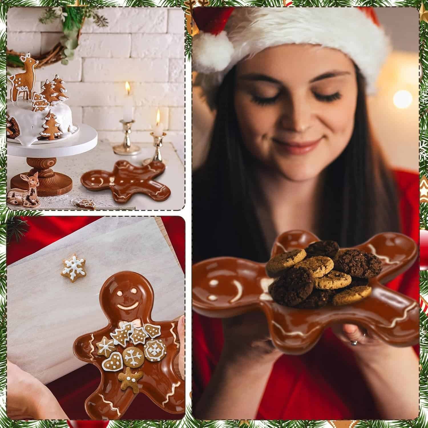 Collage showing gingerbread-themed cookies and plates, festive decorations, and a woman in a Santa hat holding a gingerbread-shaped plate of cookies.