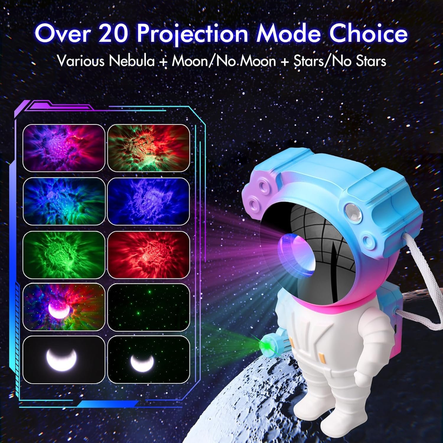 Toy astronaut projector displaying multiple nebula and moon projection modes, with a chart showing combinations of nebula, moon, and stars.