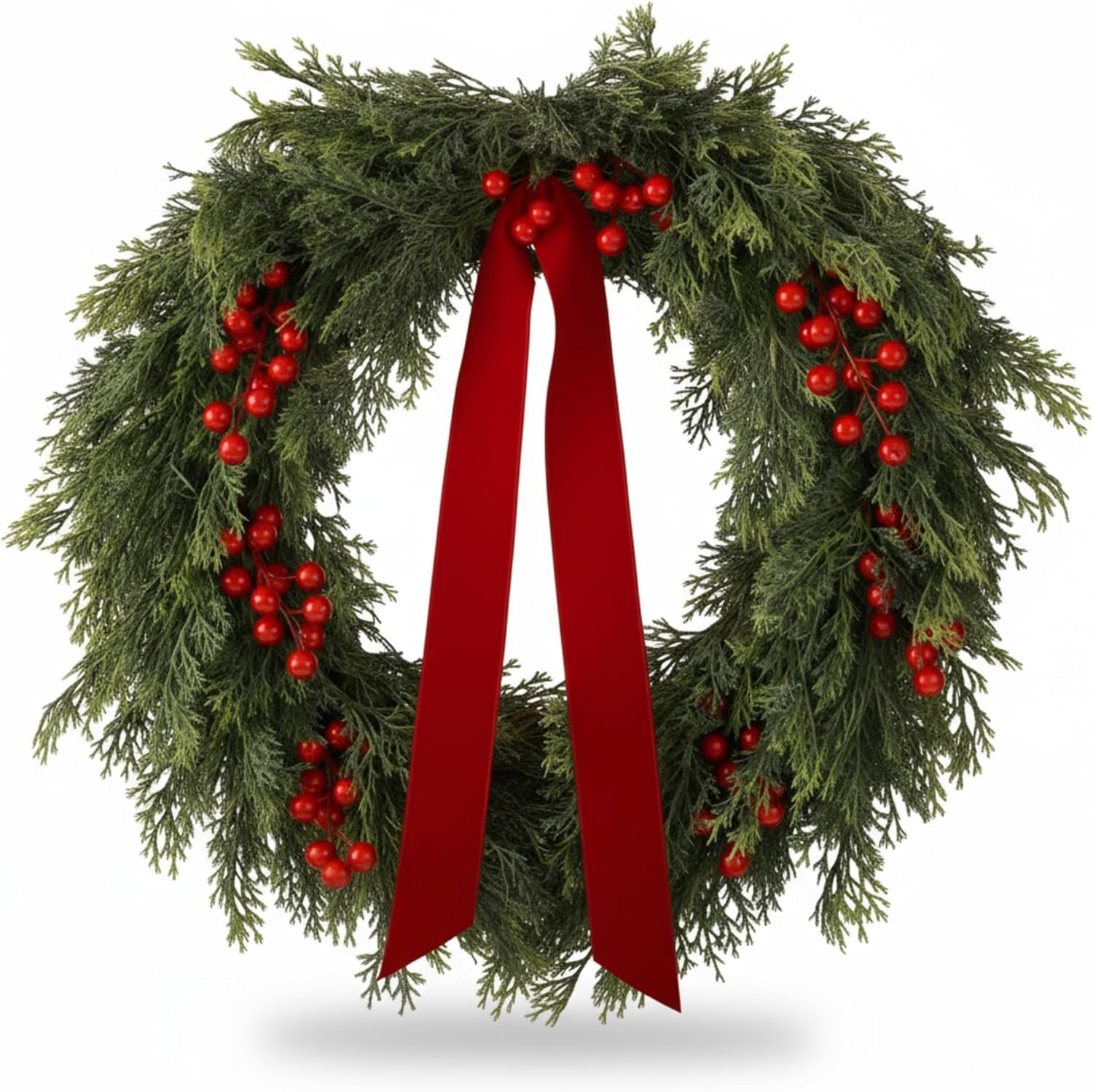24'' Artificial Cedar Wreath for Front Door Christmas Wreaths Faux Cedar Decorated with Berry and Ribbons Xmas Wreath for Indoor Window Holiday Decor
