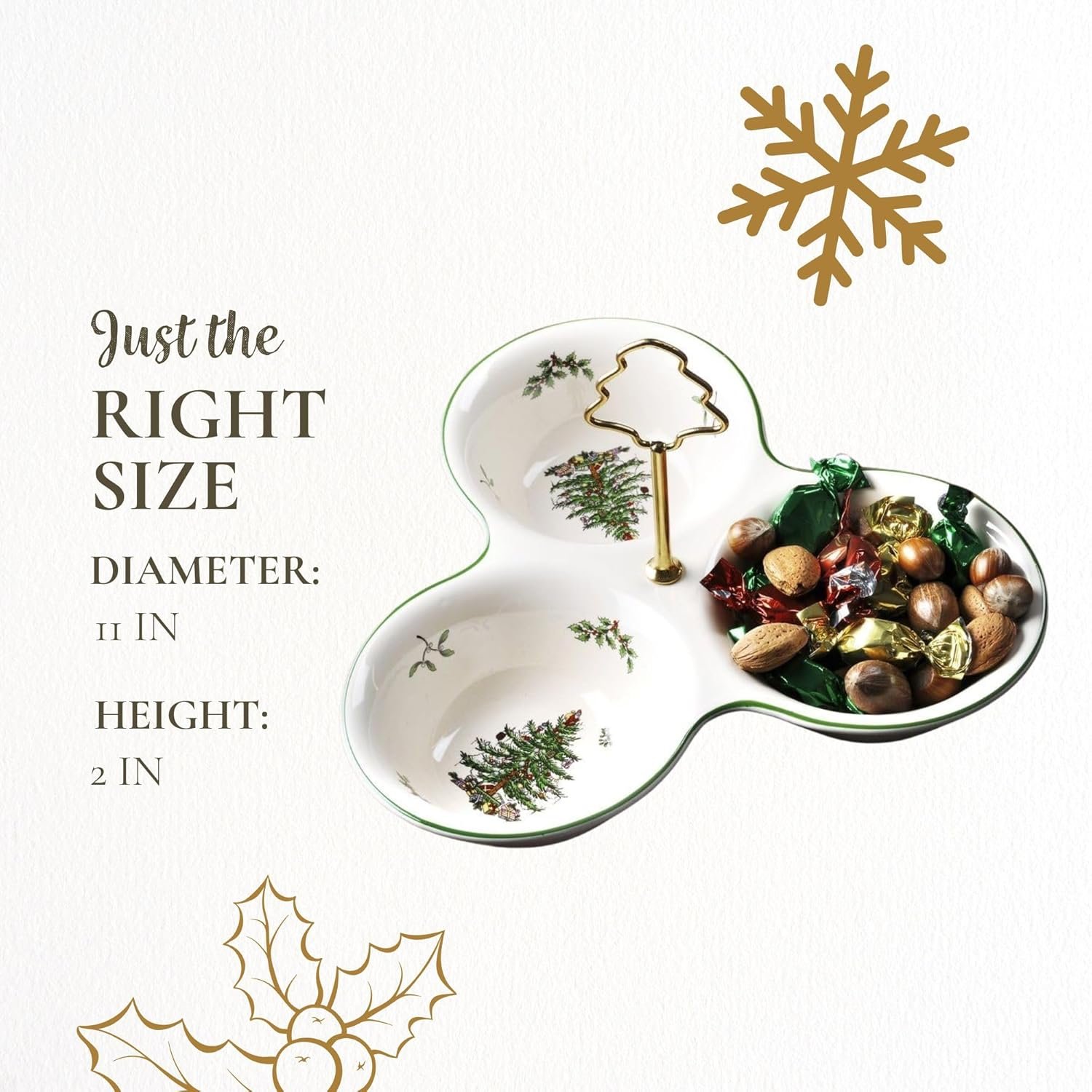 A three-section ceramic serving dish with a Christmas tree handle, filled with assorted nuts and candies, shown with decorative gold holiday graphics and size details.