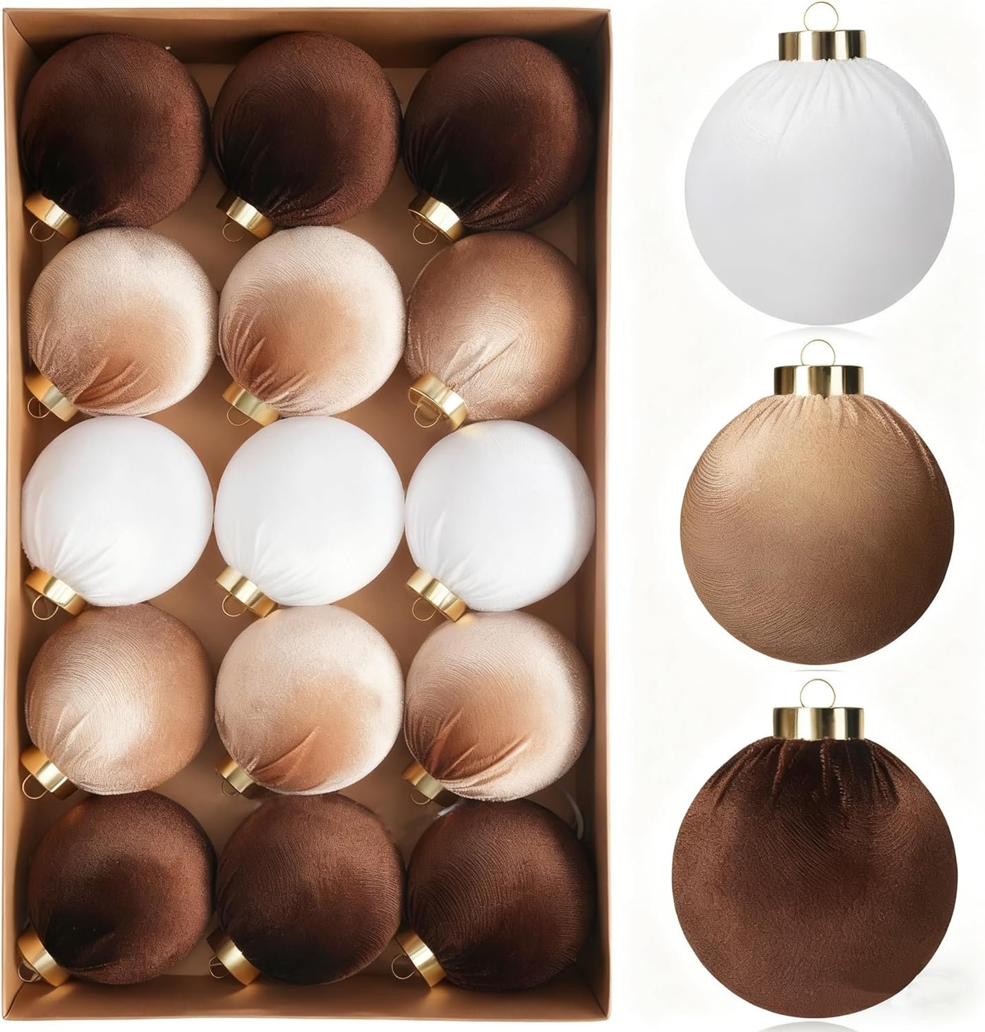 A box containing 16 Christmas ornaments in shades of brown, gold, and white, with three individual ornaments shown on the right side for detail.