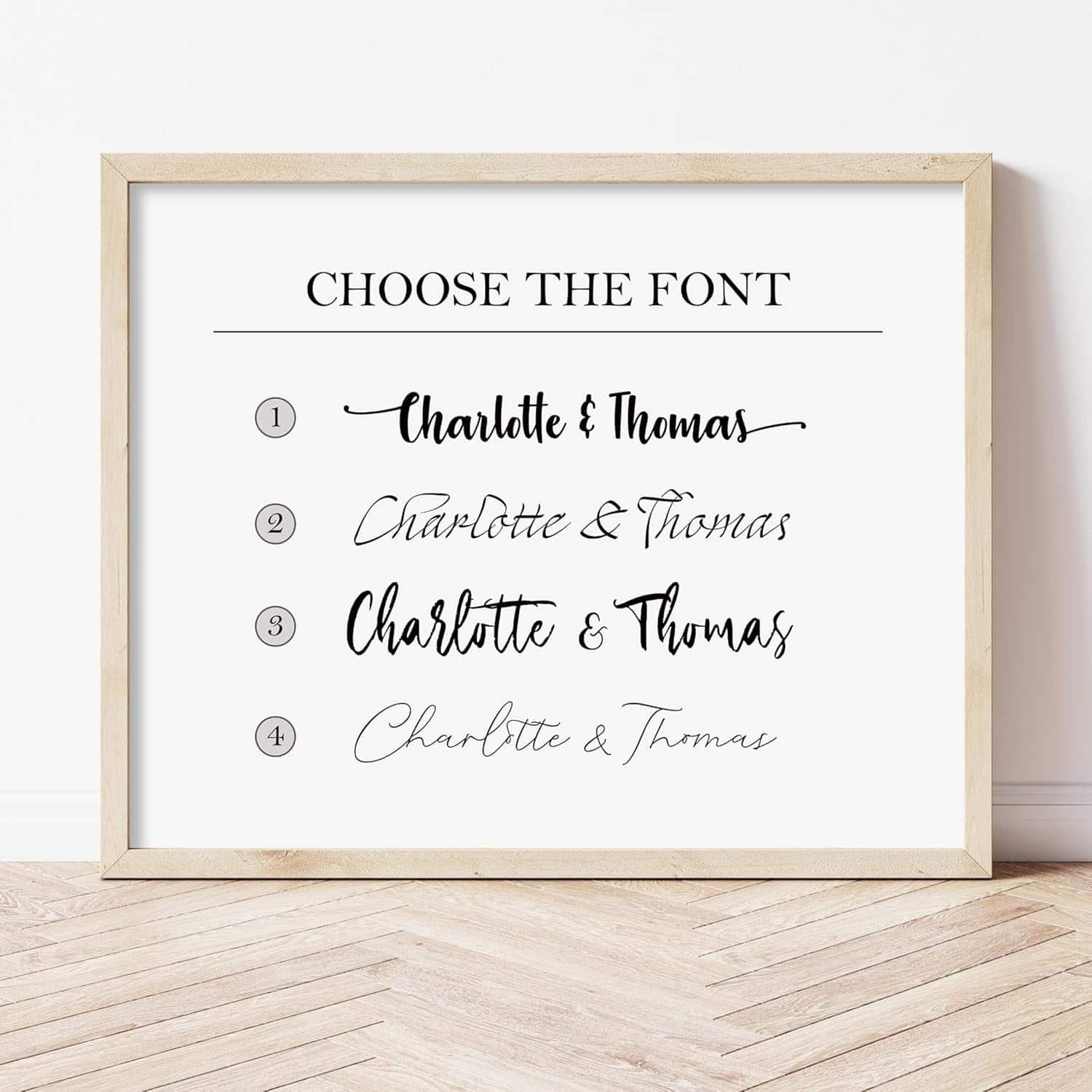A framed print displays four font options for the names "Charlotte & Thomas," each numbered and written in a different script style.