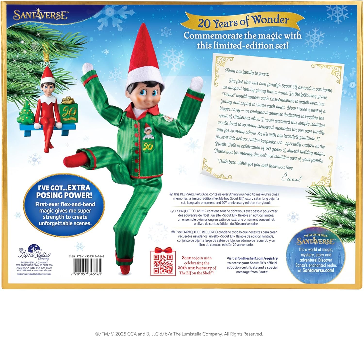 A flexible Elf on the Shelf doll in green pajamas poses energetically next to a holiday-themed letter marking the 20th anniversary limited-edition set.