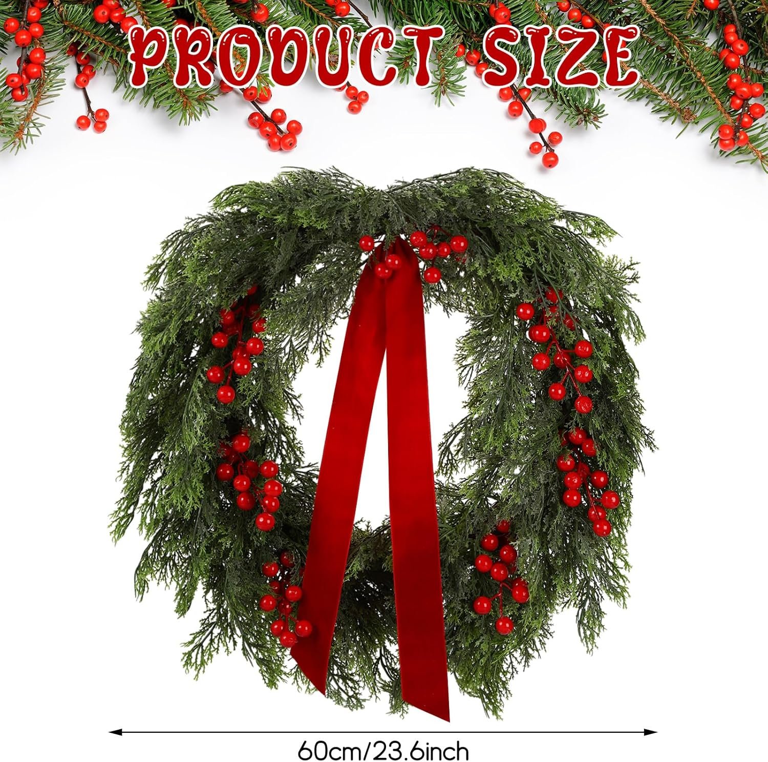 24'' Artificial Cedar Wreath for Front Door Christmas Wreaths Faux Cedar Decorated with Berry and Ribbons Xmas Wreath for Indoor Window Holiday Decor