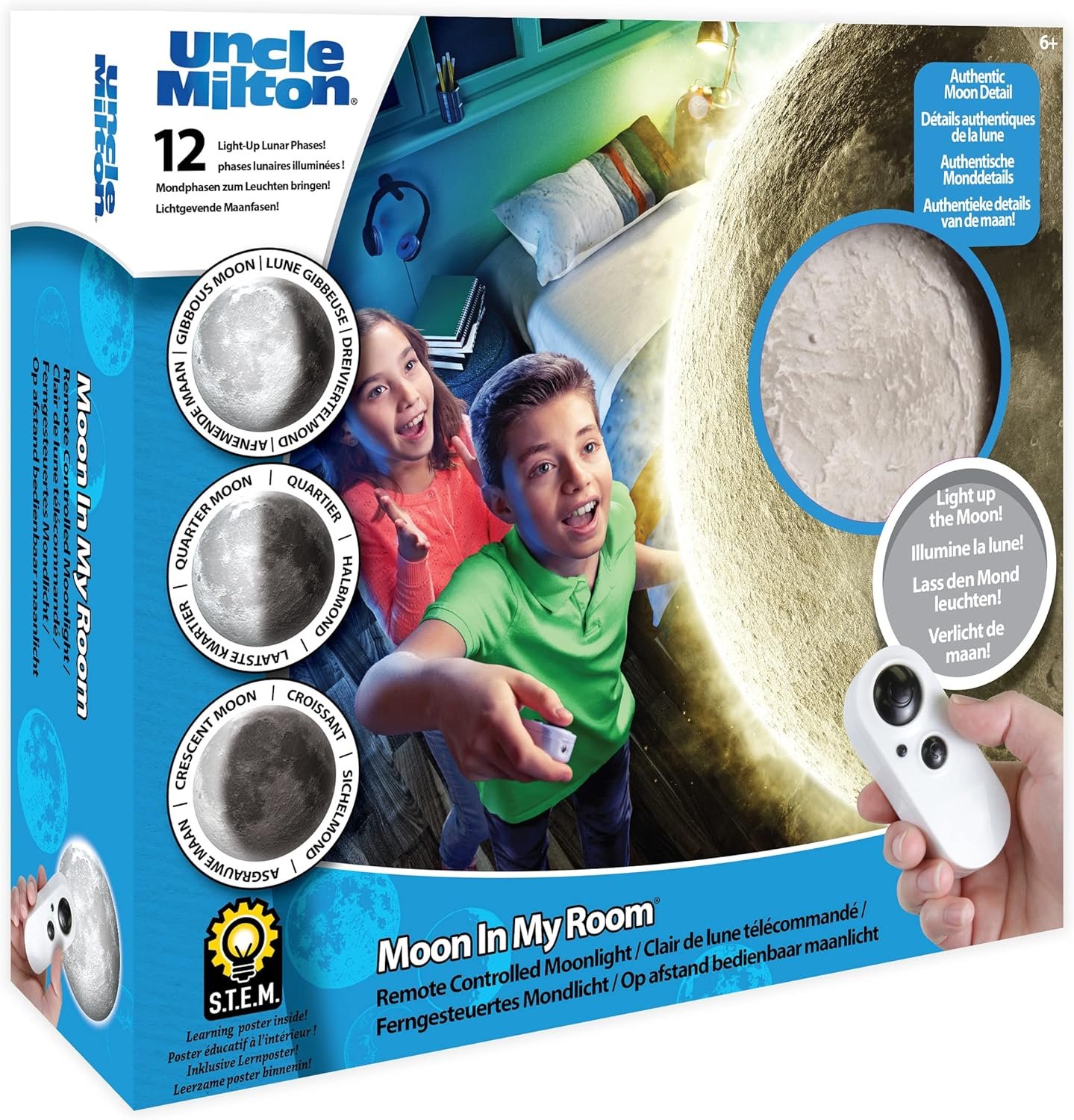 Box for "Uncle Milton Moon In My Room" toy showing a remote-controlled moon nightlight, children pointing at it, and product features such as phases of the moon and STEM learning focus.