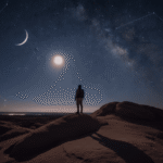 A person stands on a rocky hill at night, stargazing at a crescent moon, a bright star or planet, and visible constellations in a clear, star-filled sky—perfect astronomy for beginners with no telescope needed.