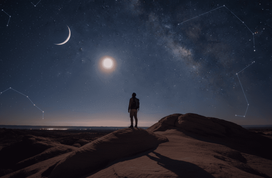 A person stands on a rocky hill at night, stargazing at a crescent moon, a bright star or planet, and visible constellations in a clear, star-filled sky—perfect astronomy for beginners with no telescope needed.