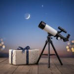A telescope on a tripod stands next to a wrapped gift box with a ribbon on a wooden surface, inviting dreams of space, with a crescent moon and blurred lights glittering in the background.