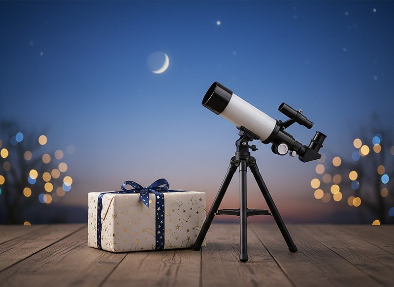 A telescope on a tripod stands next to a wrapped gift box with a ribbon on a wooden surface, inviting dreams of space, with a crescent moon and blurred lights glittering in the background.