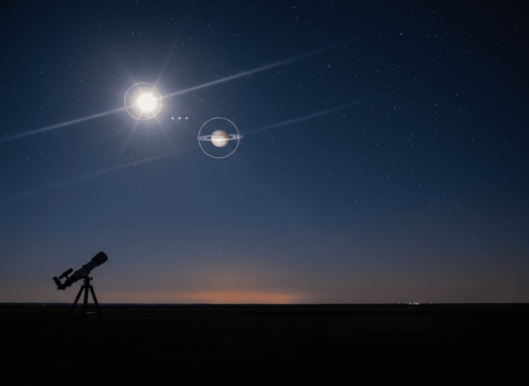 A telescope is set up on a flat field under a clear night sky with bright stars and planets, including Jupiter, Saturn, and the Moon, visible above the horizon.