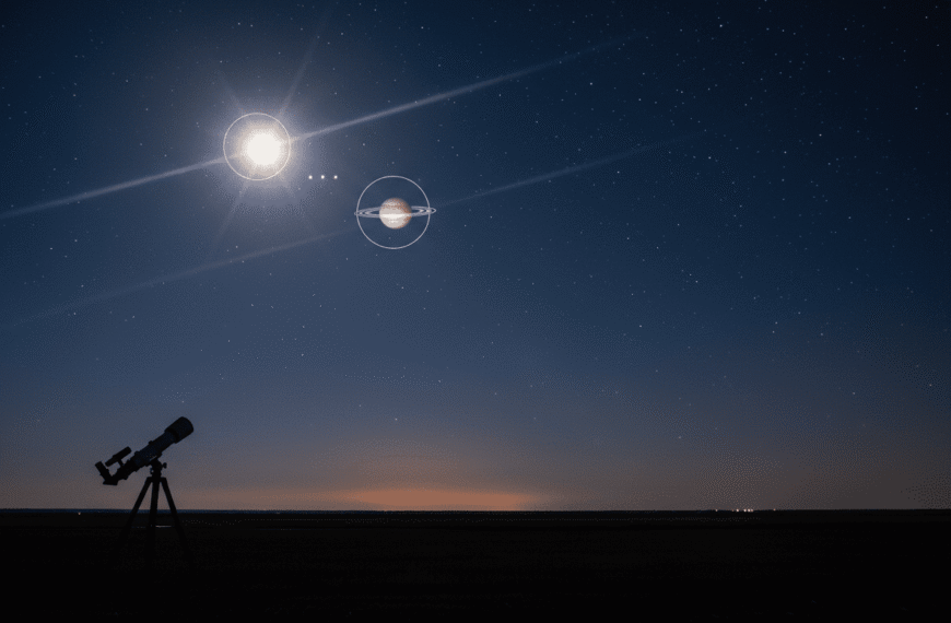 A telescope is set up on a flat field under a clear night sky with bright stars and planets, including Jupiter, Saturn, and the Moon, visible above the horizon.