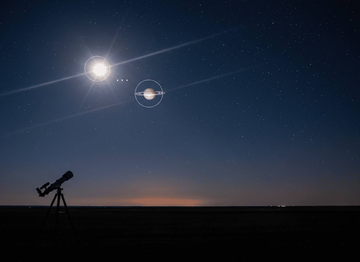 A telescope is set up on a flat field under a clear night sky with bright stars and planets, including Jupiter, Saturn, and the Moon, visible above the horizon.