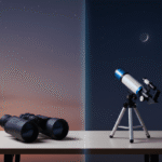 A pair of binoculars and a telescope rest on a table; the background is split between dusk filled with stars and night featuring a crescent moon.