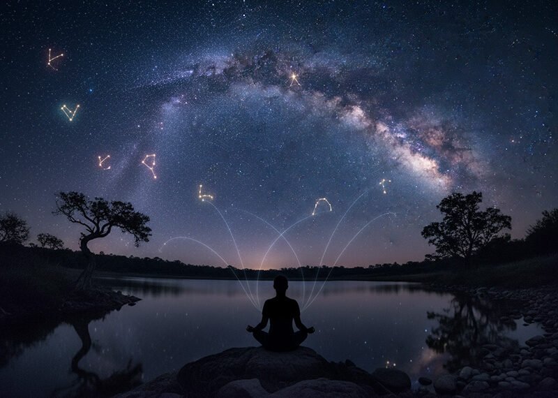 A person sits cross-legged by a lake at night, silhouetted against the Milky Way and illuminated constellations, embracing a moment of cosmic meditation beneath the star-filled sky.
