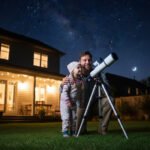 A man and a child stand in a backyard at night, looking through a telescope—a perfect Father's Day Telescope Gift—while a cozy house and starry sky shine in the background.