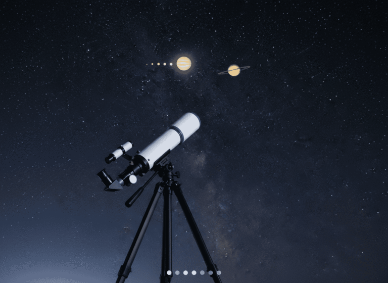 A white telescope on a tripod points toward a starry night sky, with vivid illustrations of Jupiter and Saturn highlighted among the stars, inviting exploration through the lens of the telescope.