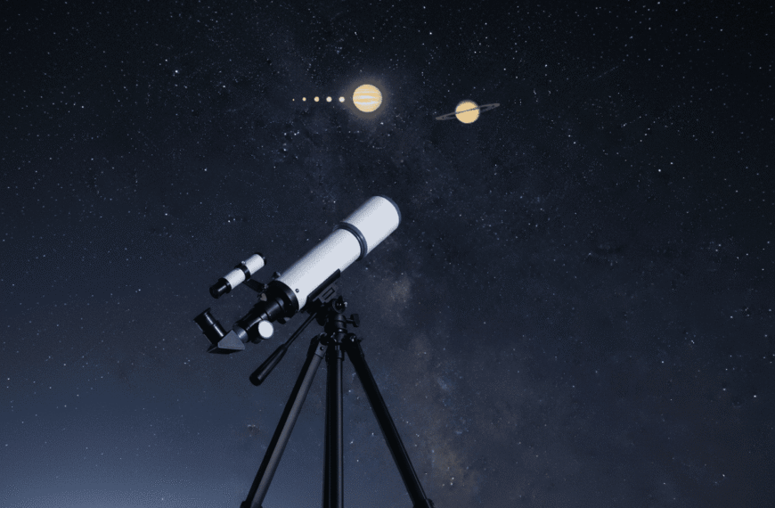 A white telescope on a tripod points toward a starry night sky, with vivid illustrations of Jupiter and Saturn highlighted among the stars, inviting exploration through the lens of the telescope.